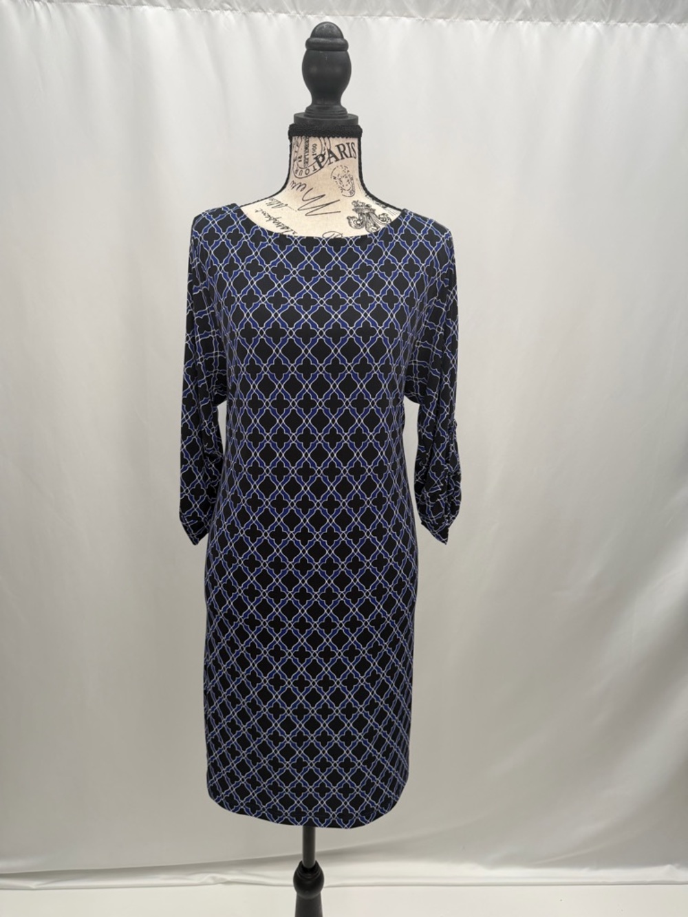 Laundry By Shelli Segal Navy and Light Blue Geometric Long Sleeve Dress
